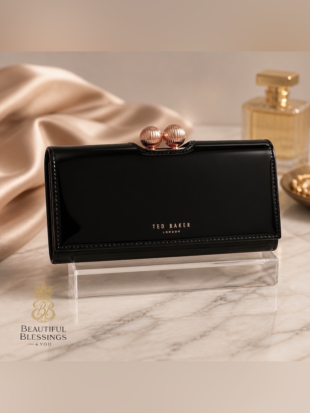 Ted Baker London Black Patent Leather Rose Gold Hardware Bobble Wallet
